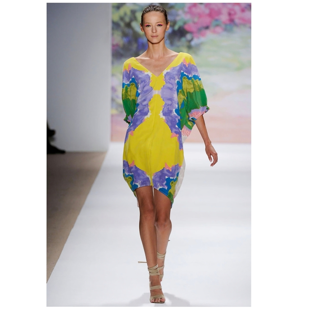 TIBI Abstract Floral Dyed Silk V-neck Tunic Dress Yellow Purple Multicolor 8